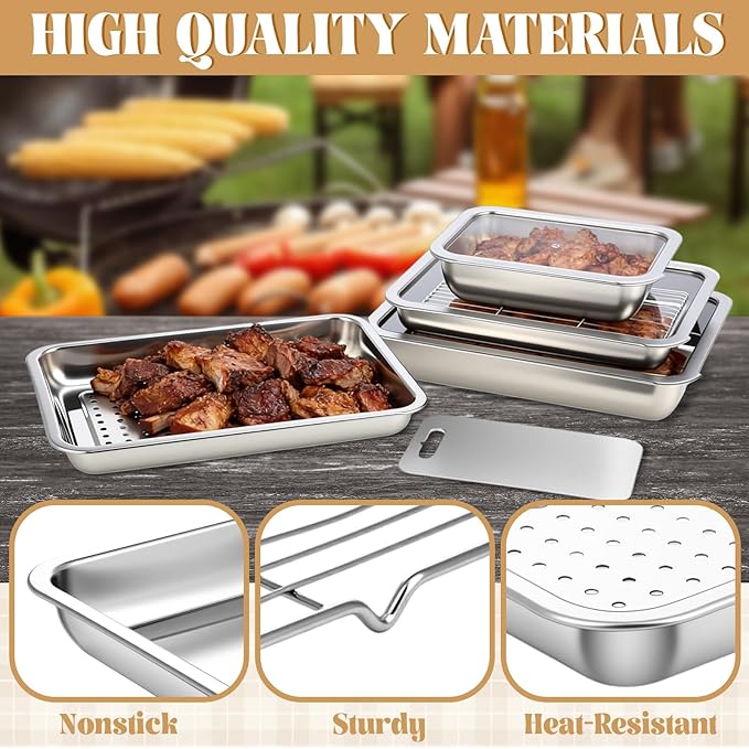 8 Pcs Grill Prep Carry System Grilling Prep Serve Tray Set Large Food Tub Tray Stainless Steel Trays Marinating Container with Lid, Cutting Board, Carrying BBQ Accessories Gifts for Outdoor