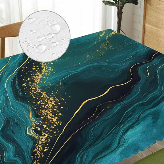 Tablecloth Marble Green, Abstract Liquid Marble Gold Green Rectangular Table Cover Kitchen Table Cloth for Dining Hotel Coffee Parties Tabletop Decoration, 52x70 Inch