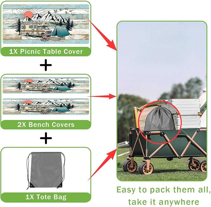 JAWO Camper RV Picnic Table Cover with Bench Covers, Happy Camper RV Essentials Gear Supplies Outdoor Waterproof Windproof Tablecloth with Elastic, 30X60in