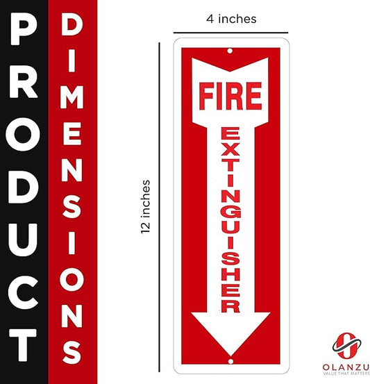 OLANZU Fire Extinguisher Signs For Business - Pack of 5 - Metal Fire Extinguisher Sign 4" x 12" Aluminum - UV Protected for Indoors & Outdoors