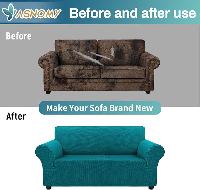 Asnomy Stretch Couch Covers Washable,loveseat Cover Slipcovers,Peacock Blue | 1-Piece Sofa Cover(55"-78") loveseat cover Furniture Protector Soft Jacquard,Non-Slip Elastic Bottom for Dogs & Kids