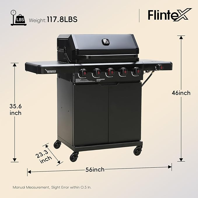 Flintex 5-Burner Propane/Natural Convertible Gas Grill with Infrared Searing Side Burner, Outdoor BBQ Grill with 60000 BTU Output,Enameled Cast Iron Grates & Griddle for Barbecue