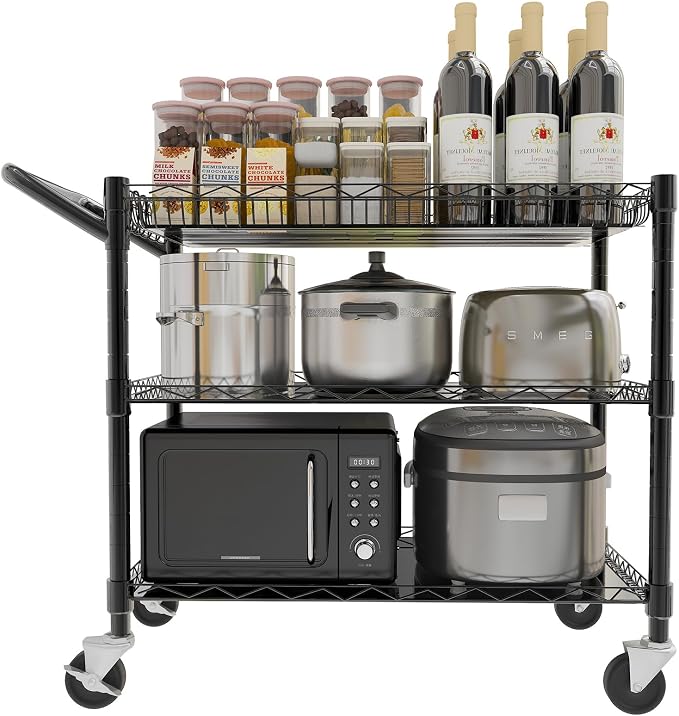 YNN Black Utility Rolling Cart,990Lbs 3 Tier Heavy Duty Metal Cart with Wheels & Handle NSF Wheeled Cart 31" D x 18" W x 33" H for Bedroom, Bathroom, Kitchen,Garden,Decor,Serving