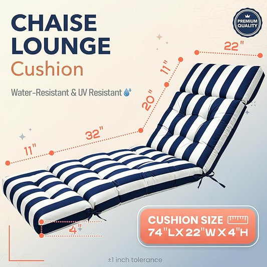 MAGIC ELEPHANT Chaise Lounge Cushion Outdoor, Memory Foam Patio Lounge Chair Cushion with Ties for Outdoor Furniture, 74 x 22 x 4 Inch (Navy Stripe)