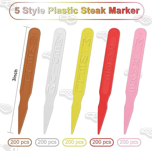 Kigley 1000 Pcs 3 Inch Steak Markers, Colorful Plastic Meat Doneness Picks Steak Temperature Sticks Assorted Doneness Label Rare, Medium Rare, Medium Well, Well for Catering, Barbecue, Party, Picnic