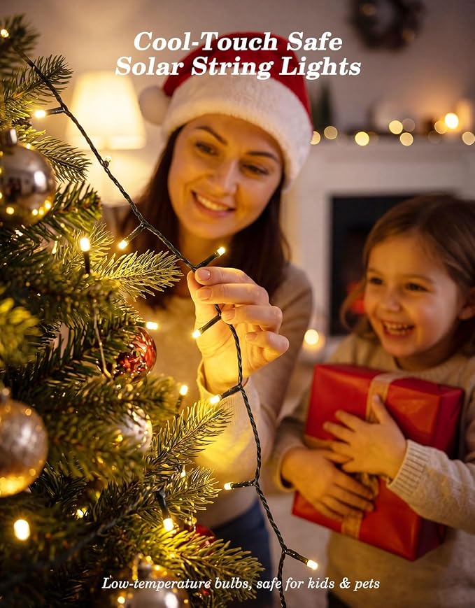 2 Pack 100LED Solar Christmas String Lights Outdoor Waterproof | Total 66FT Twinkle Lights with 8 Lighting Modes Remote for Outside Christmas Trees Decorations, Warm & Cool White
