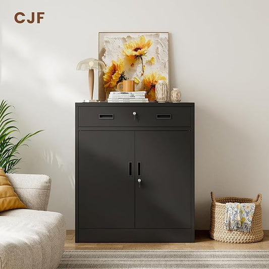 CJF Pantry Cabinet with 1 Drawer, Metal Pantry Storage Cabinets with Doors and 2 Adjustable Shelves, 36" H Locking Cabinet for Kitchen Storage, Home, Garage, Utility Room and Basement, Black
