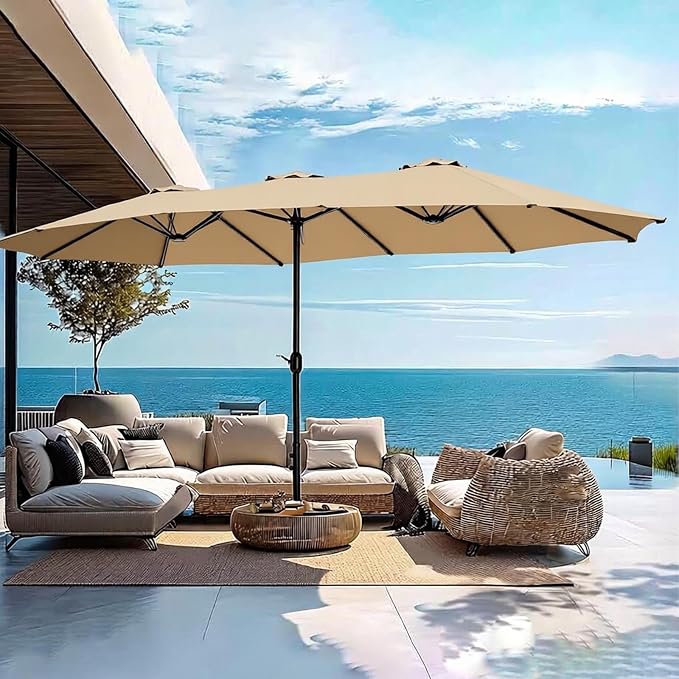 15ft Patio Umbrella Replacement Canopy for 12 Ribs, Large Outdoor Umbrella Top Cover Only,Double-Sided Fabric for Market Umbrellas, Sombrillas de Patio Repuesto (Frame NOT Included),khaki