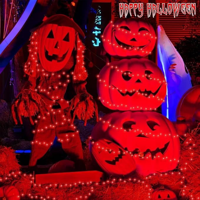 QITONG 2 Pack Halloween Solar Fairy Lights, Each 66ft 200 LED Red String Light Outdoor Waterproof, 8 Modes Silver Wire Christmas Twinkle Mini Lights
