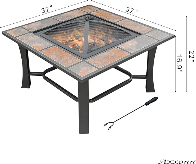 Axxonn 32", 2-in-1 Malaga Convertible Square Tile Top Fire Pit, Coffee Table Wood Burning Fire Bowl
