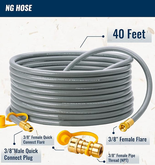 CALPOSE 40 Feet 3/8 inch ID Natural Gas Grill Hose with Quick Connect Fittings, Natural Gas Line for Grill, Pizza Oven, Heater and More Low Pressure Appliance