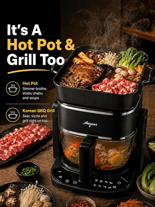 Angaar Korean BBQ Hotpot & Electric Grill, 3-in-1 Tabletop Cooker – 1400W 4.5L Glass Basket, Shabu Shabu, Air Fry & Contact Grill, Ceramic Non-Stick, 60-Min Timer