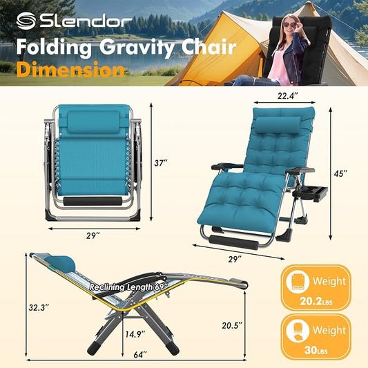 Slendor Oversized Zero Gravity Chairs XL, 29in Recliner Chair, Light Blue | Reclining Lounge Chair, Folding Anti Gravity Chairs w/Aluminum Alloy Lock, Removable Cushion&Headrest, 440lbs, for Lawn Patio