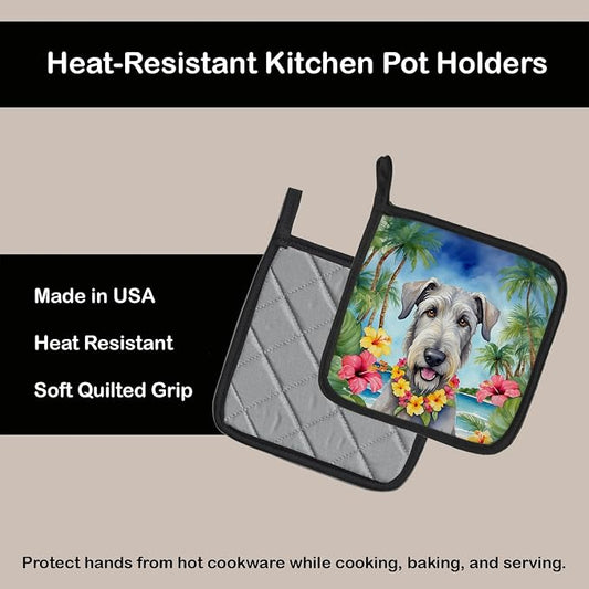 Caroline's Treasures Irish Wolfhound Luau Pair of Pot Holders Kitchen Heat Resistant Pot Holders Sets Oven Hot Pads for Cooking Baking BBQ, 7 1/2 x 7 1/2