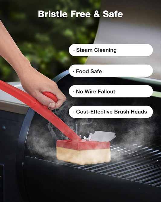 Grill Brush, Bristle Free, Safe Wire Bristles Steam Cleaning Brush, Cleaning Kit for Outdoor Grill, BBQ Cleaner Accessories, 2 Replacement Heads(Bristle Free & Wire Bristles)