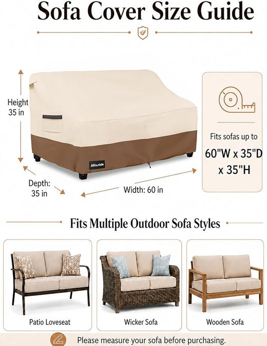 ANartcle 2-Seater Patio Loveseat Cover,60W x 34D x 30H Inches Outdoor Couch Cover,100% Waterproof Heavy Duty Outdoor Sofa Covers,Patio Furniture Covers,Beige&brown