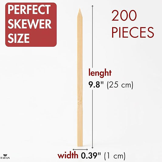 Hakan 9.8” Bamboo BBQ Skewers 200 Pcs | Flat Kabob Skewers for Grilling Meat, Vegetables & Fruit | Shish Kebob Food Sticks | Cocktail Picks, Strong Appetizer Sticks for Party & BBQ, (25 cm x 1 cm)