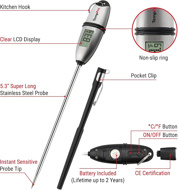 TempPro TempSwift 1 Sec Digital Food Thermometer for Kitchen Cooking | Meat Thermometer Digital, 5.3 inches Super Long Probe, Bread Baking Sourdough Liquids Candy Making Accessories Gift