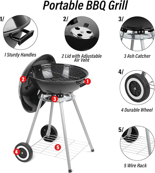 DOIT Charcoal Grills, 18.5” Portable BBQ Kettle Grill with Wheels for Outdoor Cooking Barbecue Camping-Heavy Duty Coal Grills with Thickened Grilling Bowl for Patio Backyard Park
