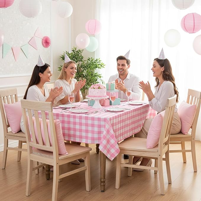B-COOL Pink Plaid Tablecloth Easter Checkered Tablecloth Fabric Pink and White Gingham Flag Table Cover for Parties, Valentines, Race Car Birthday Party, Birthday, Outdoor Picnic, 56x84inch