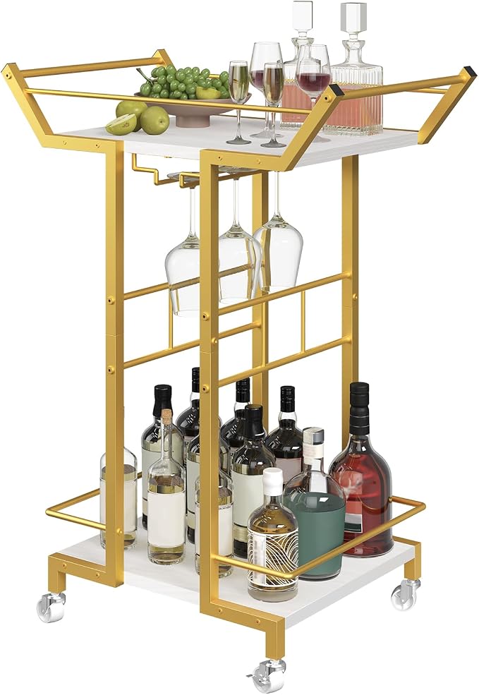 Bar Cart, 3-Tier Serving Cart with Wine Glass Rack, Drink Cart with Wheels, Rolling Beverage Cart, for Living Room, Party, White and Gold BC10DW