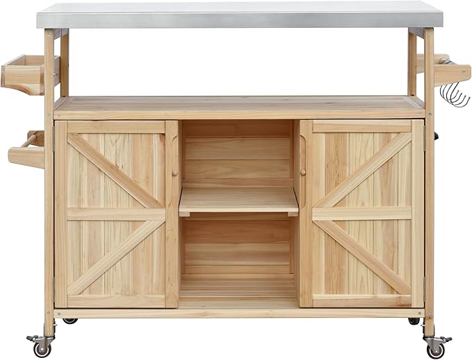 Outdoor Kitchen Island with Stainless Steel Top, Rolling Grill Cart with Storage Cabinet, Farmhouse Solid Wood Prep Station with Spice & Towel Rack for Patio BBQ.Suitable for backyards, etc.