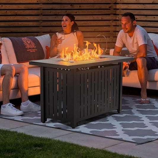 Greesum 43 Inch Outdoor Gas Fire Pit Table, 50,000 BTU Steel Propane Firepit with Wind Guard and Blue Glass Rock, Add Warmth and Ambience to Parties On Patio Garden Backyard, Black