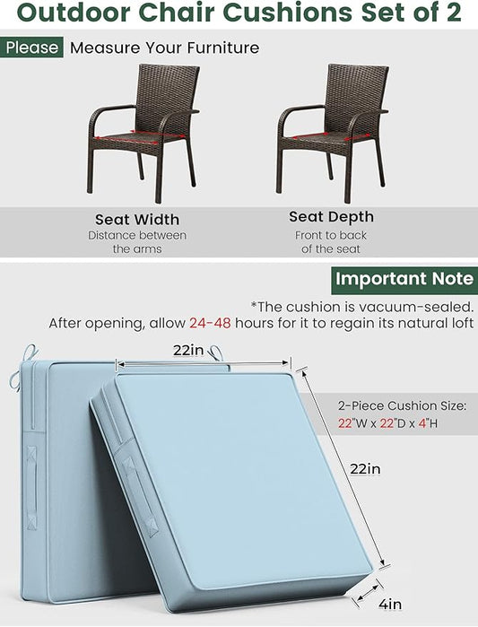 Outdoor Chair Cushion 22 x 22 x 4 Inches Patio Furniture Outdoor Waterproof Seat Cushion, Patio Chair Cushion with Handles and Ties, Square Dining Chair Cushion Set of 4, Sky Blue