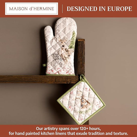 Maison d' Hermine 100% Cotton Oven Mitt & Pot Holder Set (7.5"x13" & 8"x8") Heat Resistant BBQ Cooking Gloves with Loop for Thanksgiving Christmas Decorations Handling Hot Pans (Mountain Life)
