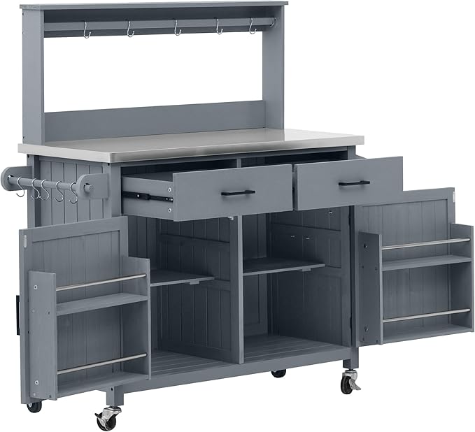 LUMISOL Grill Cart with Stainless Steel Top & High Shelf, Outdoor Solid Wood Kitchen Island with Lockable Wheels, Large Potting Bench Table with Storage Cabinet & Towel Rack, Grey+Blue
