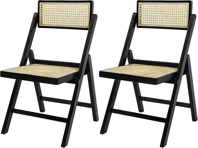 JONATHAN Y Theo Teak Wood and Rattan Folding Chairs, Set of 2, Black | Woven Cane Seat, Back, Portable Lightweight Design, For Dining Room, Living Room, Mid-Century Vintage Bohemian Style