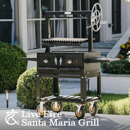 Ash & Ember Santa Maria Grill, Steel Wood & Charcoal Argentine Grill, Hand Wheel for Adjustable Heat Control, BBQ Grill with V-Grates & Grease Trap, Argentinian Grills with Bottom & Side Shelves