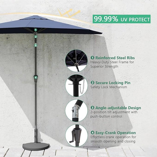 Helios&Hestia 9 ft Small Half Round Wall Outdoor Market Patio Umbrella with Tilt and Crank for Garden, Deck, Balcony