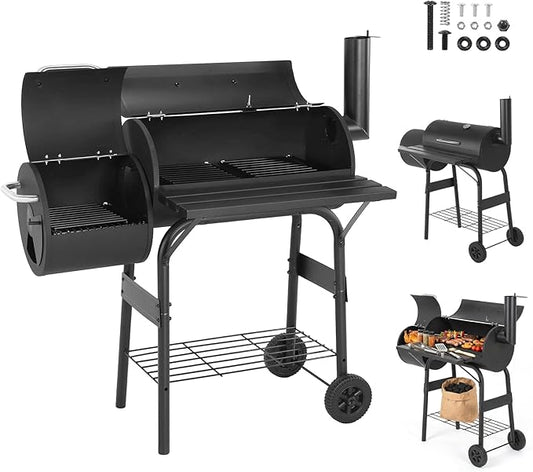 Charcoal Grills with Offest Smokers: Spacious Barrel Charcoal BBQ Grill | Barbecue Smoker Grill Combo for Outdoor Backyard Patio Camping Picnic and Party