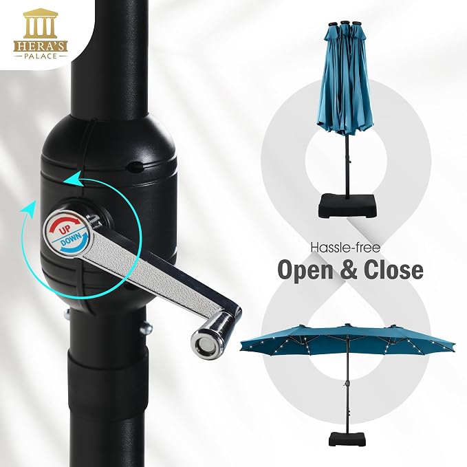 15ft Patio Umbrella with Solar lights & Base, Large Umbrellas, Cerulean | HERA'S PALACE Rectangle Double Market Umbrella with 36 LED Lights, Big Outdoor Umbrellas for Pool Picnic Inground Yard Deck