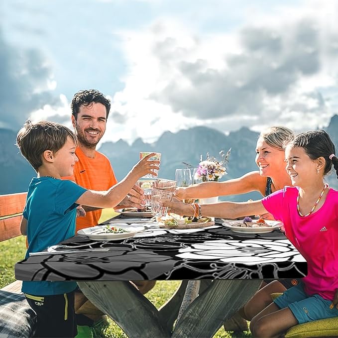 Picnic Table Cover with Bench Covers, Black Flowers, 3PCS, 72 Inch | Full Elastic Edge Waterproof Wipeable Camping Tablecloth RV Outdoor Patio Park Essentials With Drawstring Bag