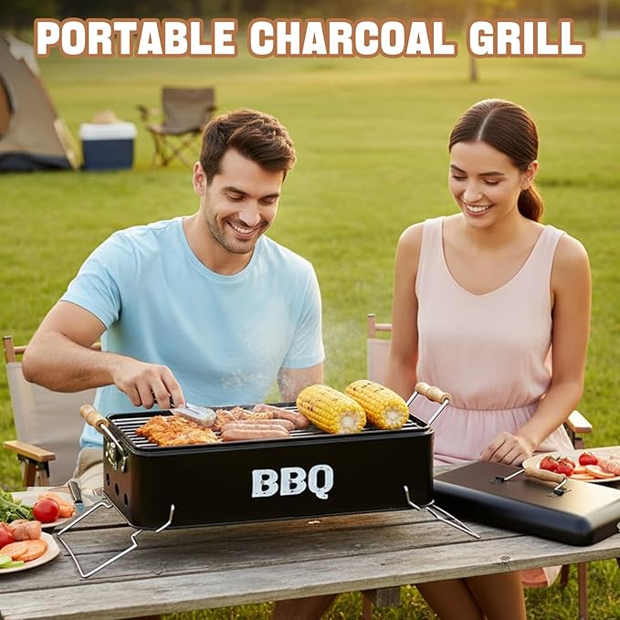 Portable Charcoal Grill 16.5" x 9", Tabletop BBQ Grill with Locking Lid & Wooden Handles for 2-4 People, Travel Size Ideal for Outdoor Camping Picnic, Easy Assembly