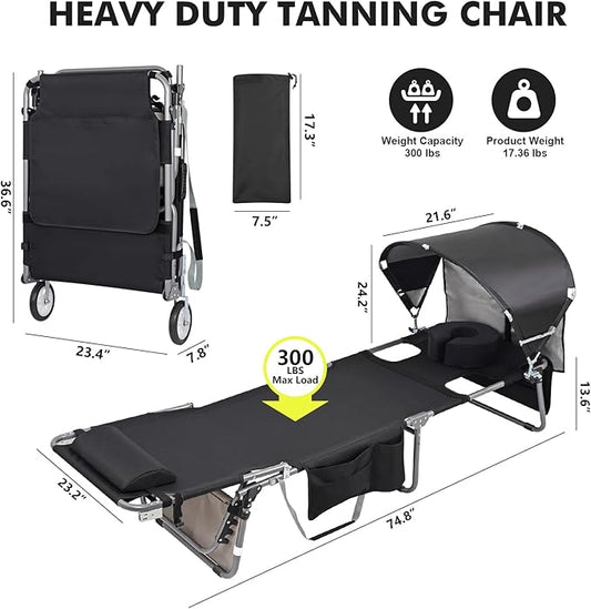 Wheel-To-Go Tanning Chair with Wheels & Sun Canopy Umbrella & Face Hole | Portable Heavy Duty Folding Lounge Chair | Outside Sunbathing Reading Beach Poolside Lawn | Lay Flat | 300 LBS (Patent Design)