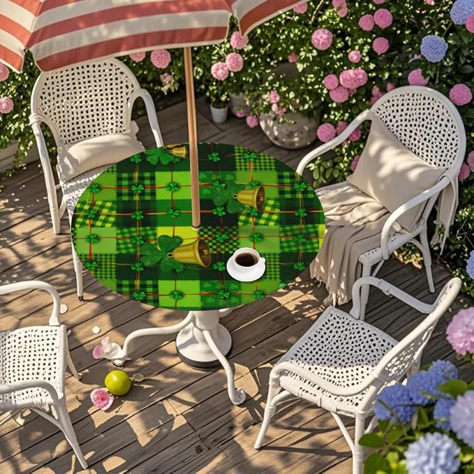 AUUXVA Round Outdoor Tablecloth with Umbrella Hole - Waterproof Patio Table Cover with Zipper Elastic Table Cloth Fits 36"-44" Tables for Party Cafe Garden Decor(St. Patrick's Day Green Leaves)