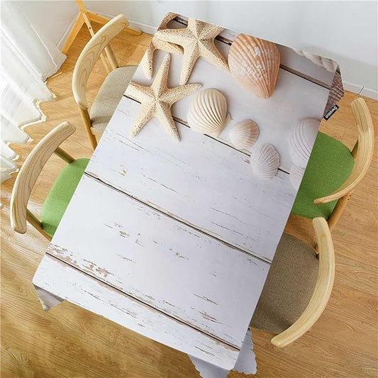 Swono Sea Shells Table Cloth Rustic Wood Seashell Starfish Marine Rope Rectangle Tablecloth Picnic Table Cover BBQ Table Cloth Polyester for Kitchen Home 50x72 Inch