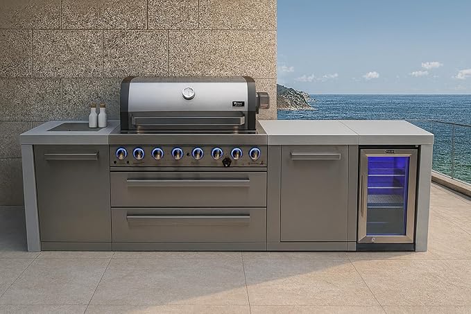 Mont Alpi Premium 119"W Deluxe Stainless Steel Modular Outdoor Kitchen Island with Refrigerator + Side Burner + 44"W 6-Burner BBQ Gas Grill + White Granite Countertops + Storage Cabinets and Drawers
