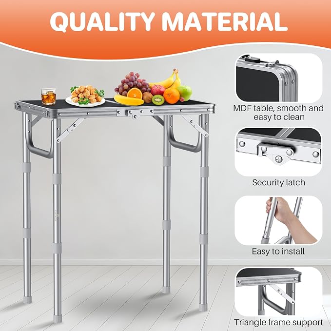 FUNYKICH 2ft Folding Camping Table 22.8''x15.7''x27.5'',3 Height Adjustable | Lightweight Aluminum Outdoor Small Tables with Carry Handle for Car Camping, Backpacking, Picnic, BBQ, Silver