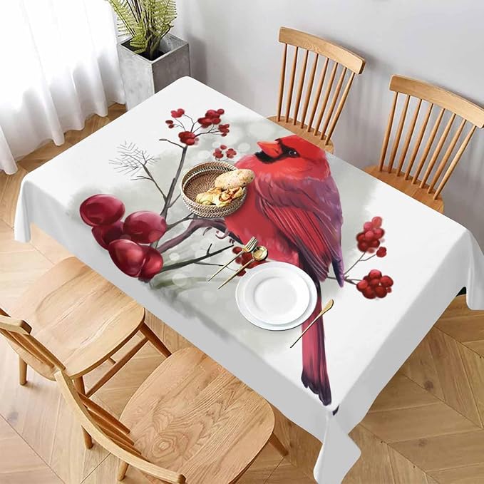 TKS MITLAN Red Cardinal Decorative Rectangle Tablecloth Bird Holly Berry Rustic Winter Polyester Table Cloths Kitchen Table Cover for Dining BBQ Picnic Coffee Table 60 x 84 Inch 6-8 Seats