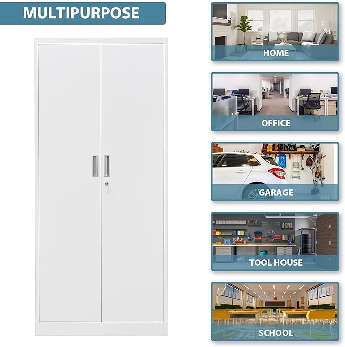 Wanfu Metal Storage Cabinet, 71”H Locking Storage Cabinet with 5 Adjustable Shelves, Steel Cabinets for Garage, Home, Office, Pantry (White)