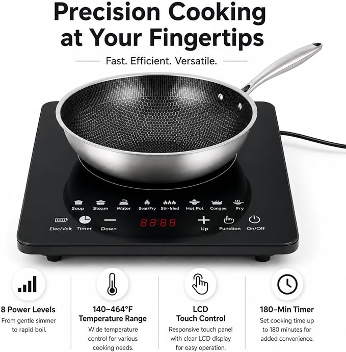 Portable Induction Cooktop, 110V Countertop Single Burner - 8 Power | 8 Power Settings, LCD Touch Control, 180-Min Timer, Preset Cooking, Compact Hot Plate for Kitchen, Dorm, RV
