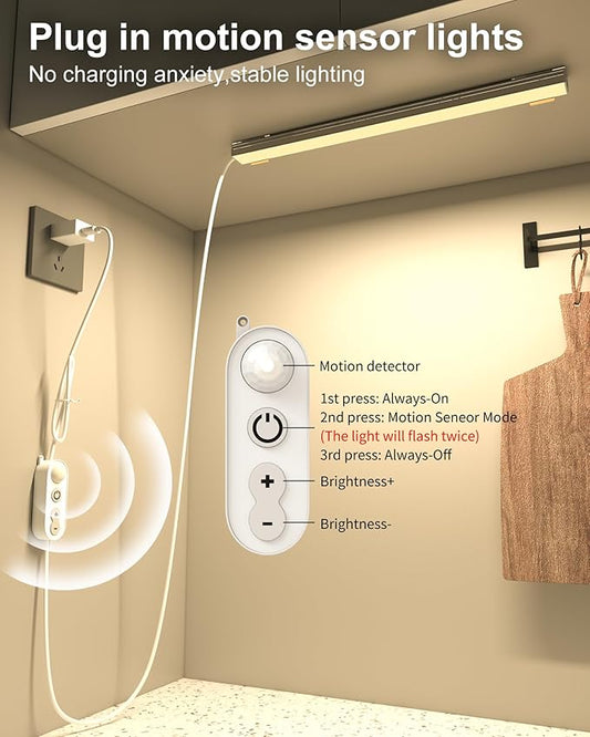 ASOKO Motion Sensor Dimmable Led Under Cabinet Lighting,12 inches Plug in Led Counter Light Bars, 2700K Warm White Light Bar for Kitchen/Closet/Wardrobe/Shelf/Desk/Display Case