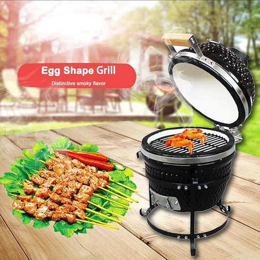 Kamado Egg Grill with Built-in Thermometer, Cast Iron Grates, Bamboo Handle, Portable Ceramic Grill for Backyard, Patio, Deck, Black