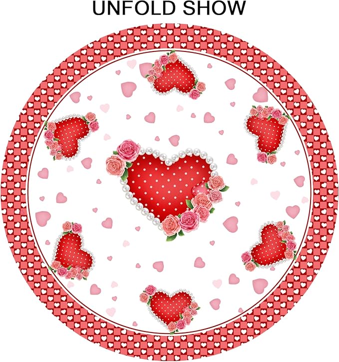Sweetshow Valentines Day Table Cloth Round Red Hearts Pink Rose Flower Tablecloth 70 Inch with Check Plaid Decor Washable Stain and Wrinkle Love Romantic Round Table Cover for Dining Picnic