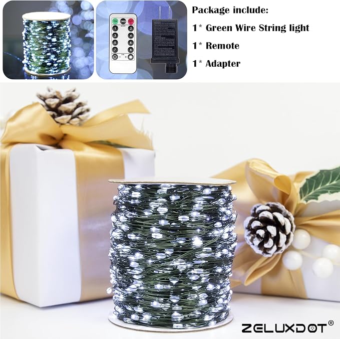 100FT 300LEDs Fairy Lights Plug in,Green Wire,Cool White | Waterproof Led String Lights,8 Modes Remote Twinkle Light for Outdoor Indoor Christmas Wedding Birthday Garden Decorations