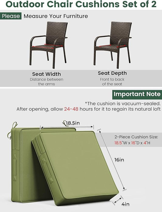 Outdoor Chair Cushion 18.5 x 16 x 4 Inches Patio Furniture Outdoor Waterproof Seat Cushion, Patio Chair Cushion with Handles and Ties, Square Dining Chair Cushion Set of 2, Light Green